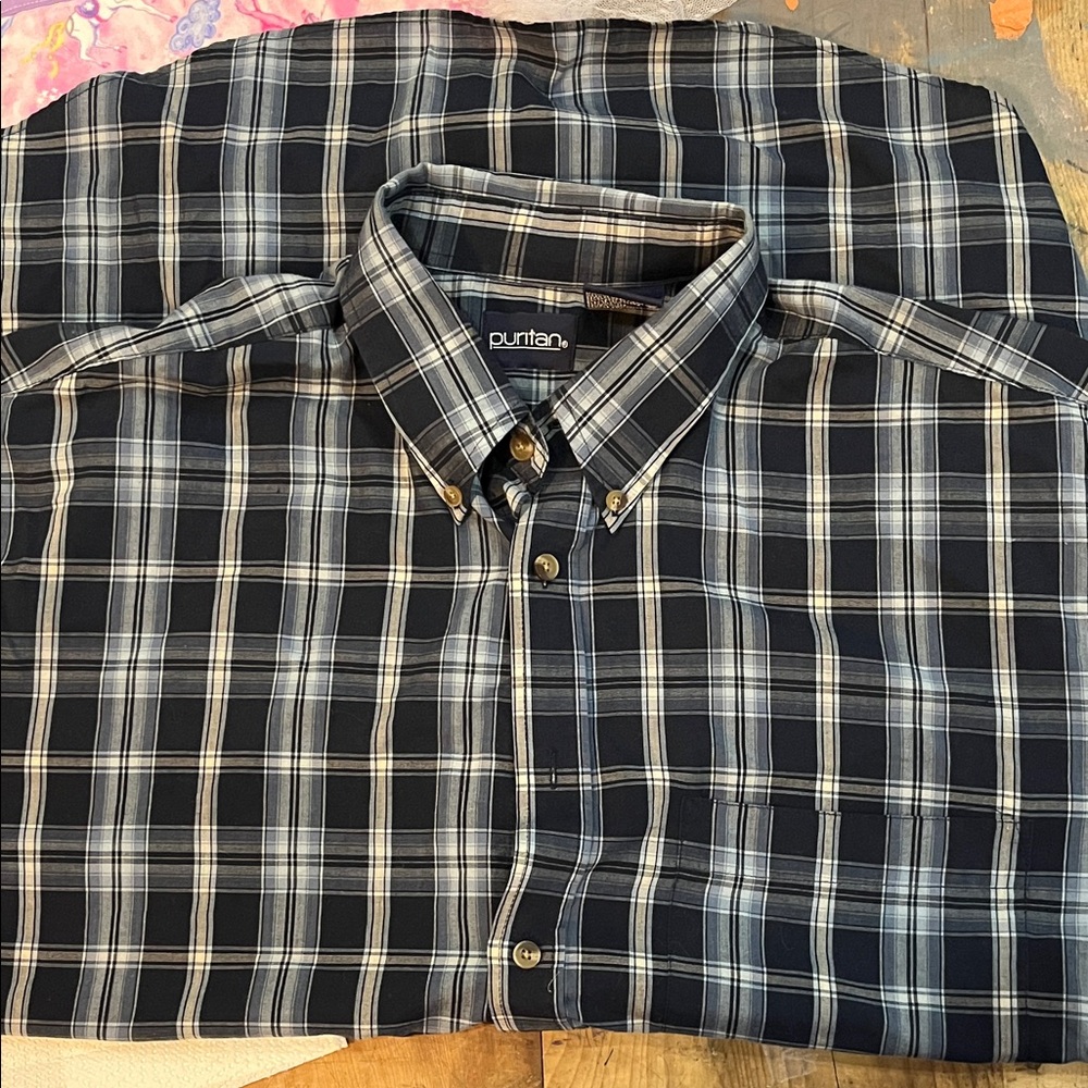 Puritan Men's Navy and White Plaid Shirt